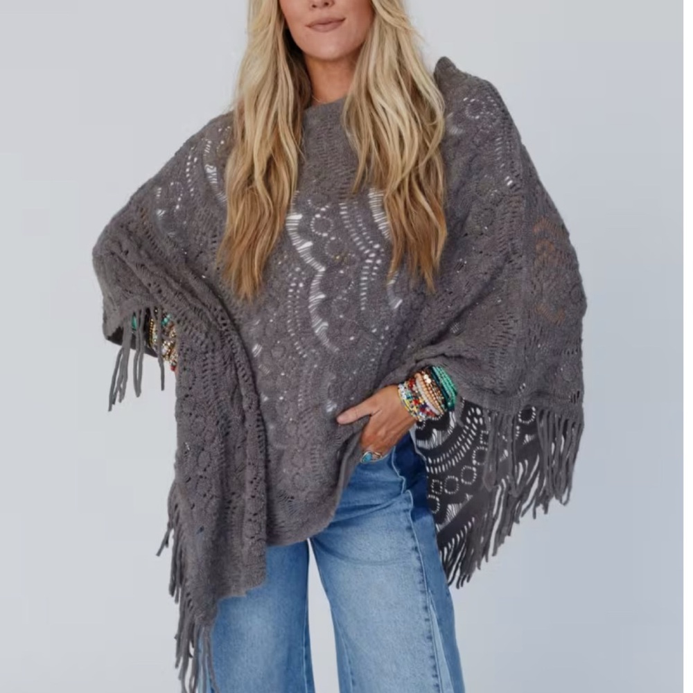 Gray Knit Poncho with Fringe